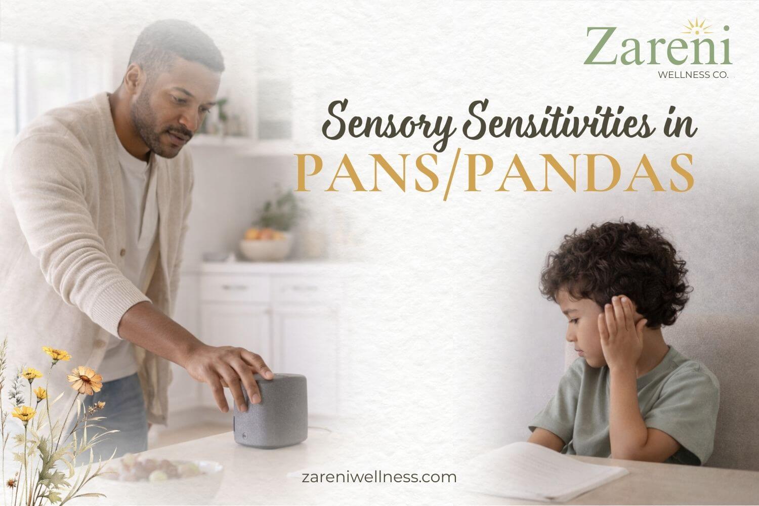 Sensory Sensitivities in PANS_PANDAS Parent lowering the volume on a smart speaker while a child covers their ears at the table, illustrating sensory sensitivities associated with PANS/PANDAS