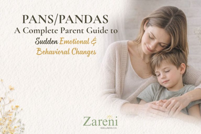 Mother comforting her young son during a discussion about sudden emotional and behavioral changes related to PANS and PANDAS