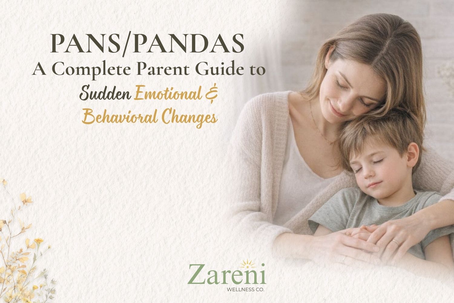 Mother comforting her young son during a discussion about sudden emotional and behavioral changes related to PANS and PANDAS