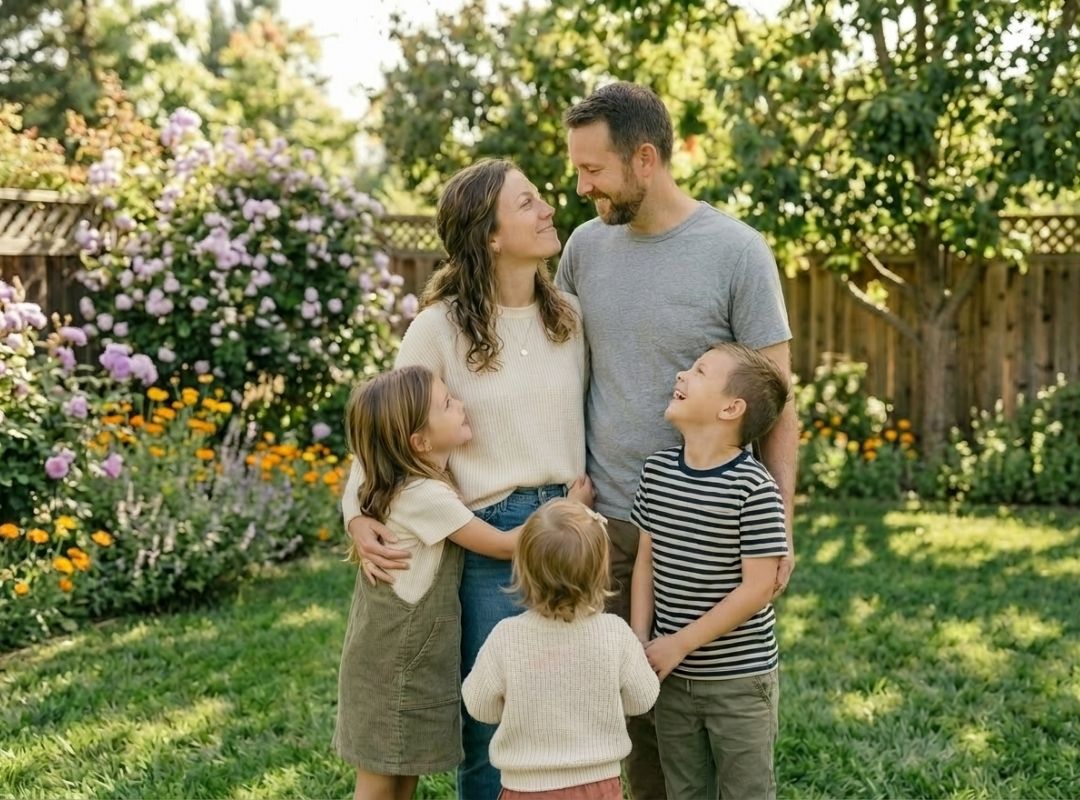 Family laughing together in a sunlit backyard, mom smiling peacefully as her children lean into her