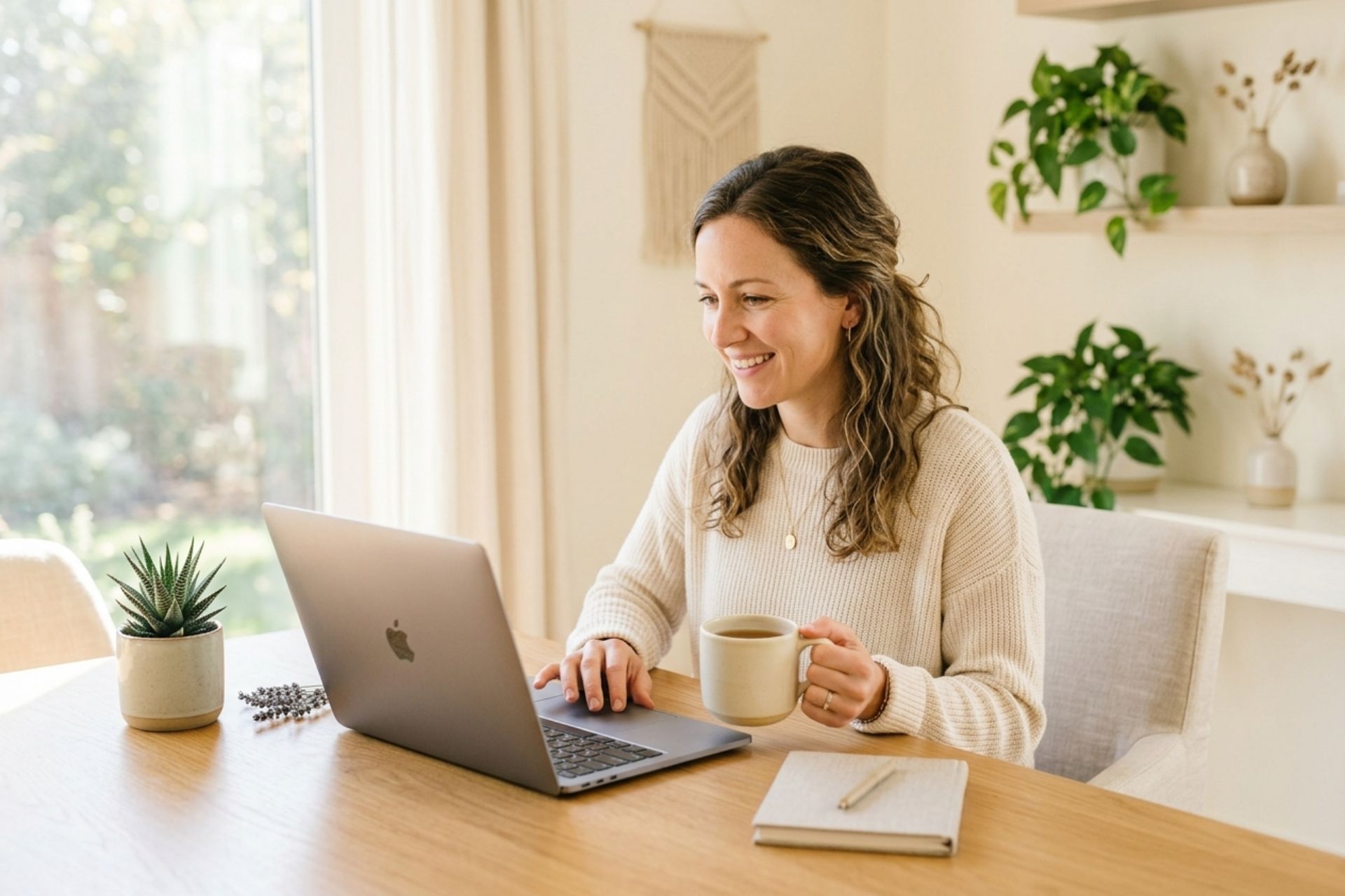 Woman sitting at home at her laptop smiling while booking a bio resonance scan session