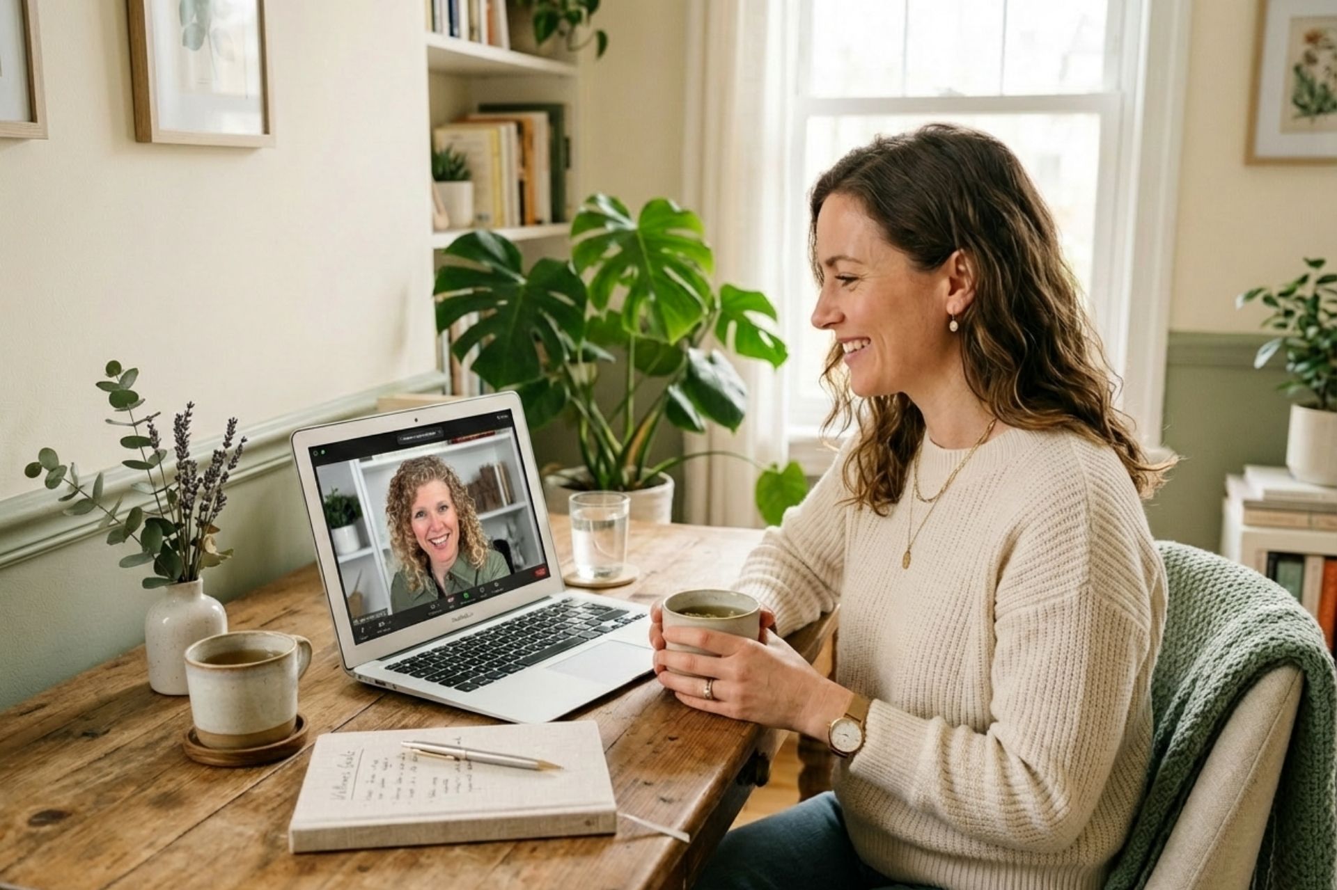 Woman sitting at her desk with a cup of tea smiling during a virtual wellness consultation