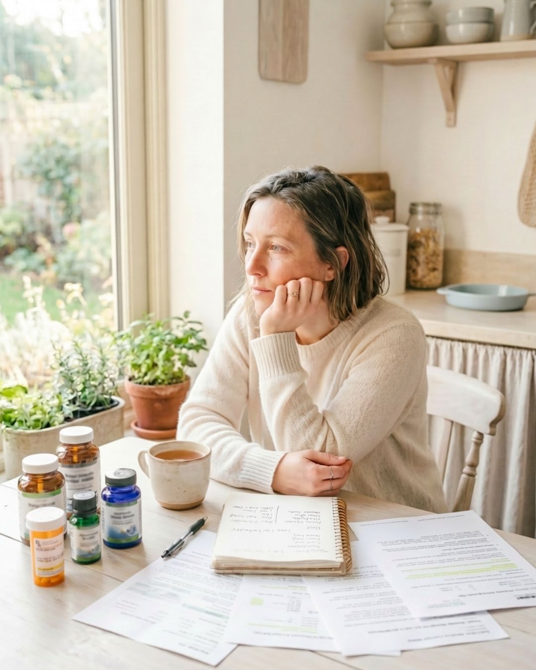 Woman sitting at her kitchen table surrounded by supplement bottles and medical papers, resting her chin in her hand and looking out the window with a tired exhausted expression