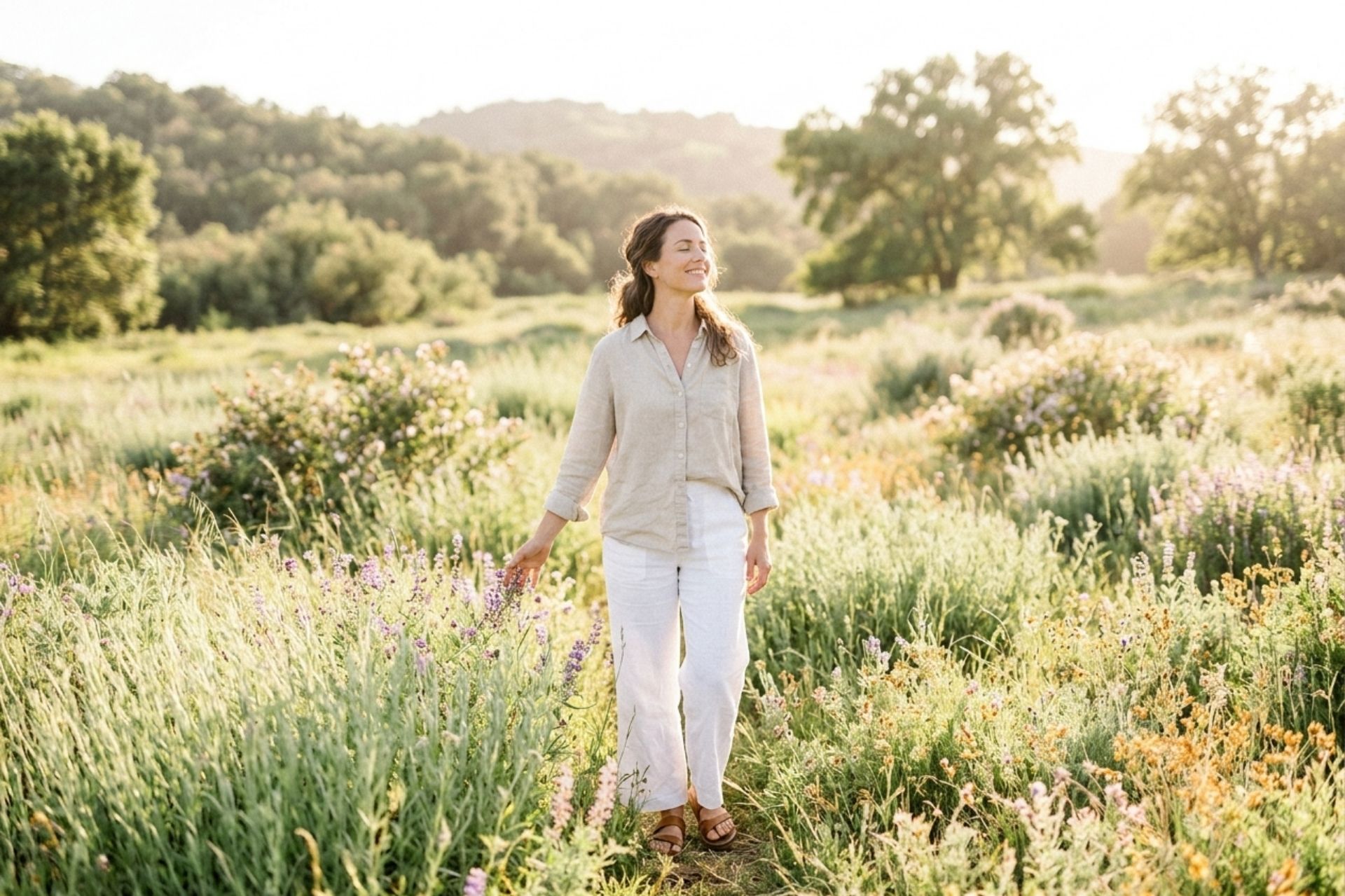 Woman walking freely through a sunlit field of wildflowers feeling healthy and at peace