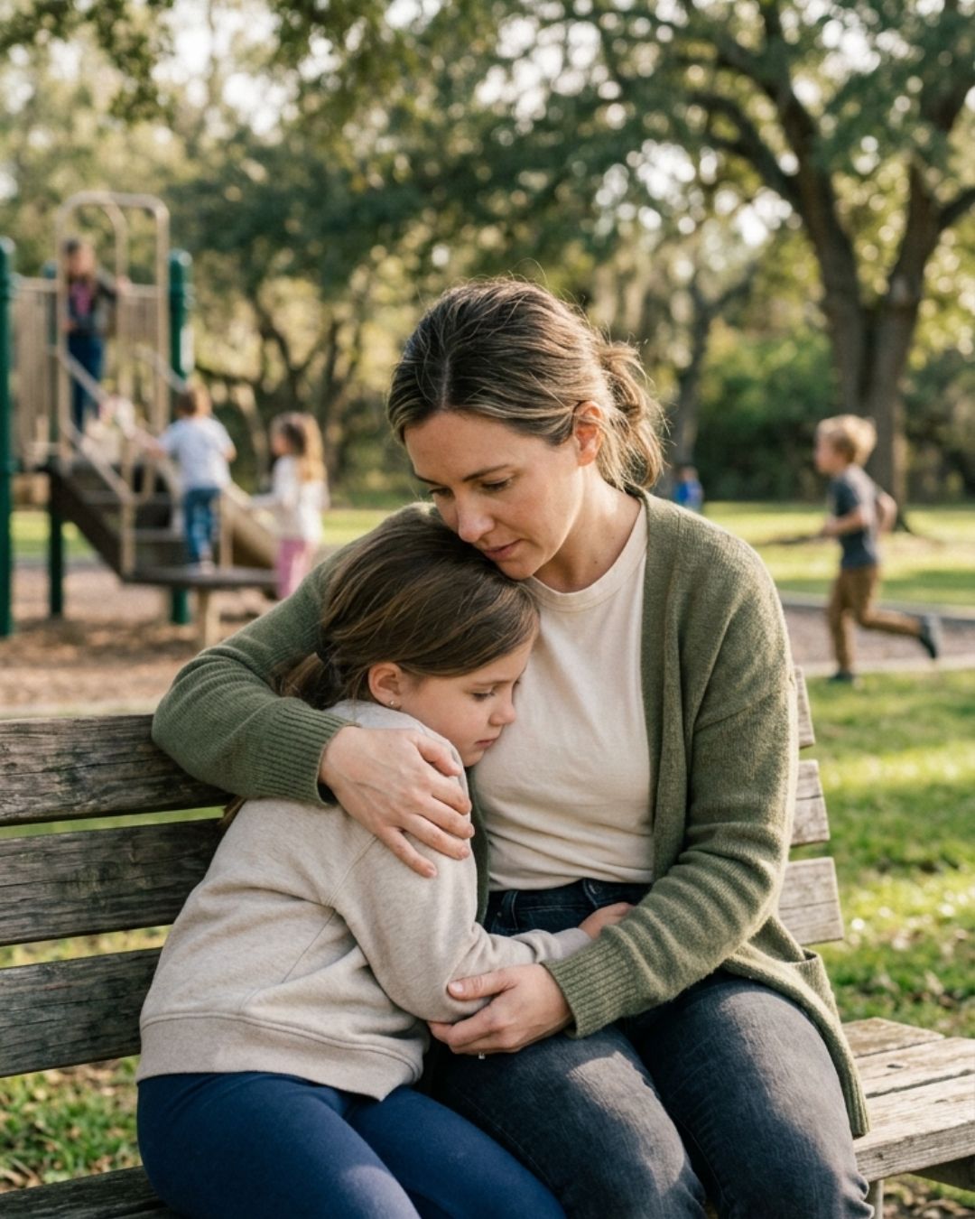 A mother sitting on a park bench holding her child close while other children play in the background